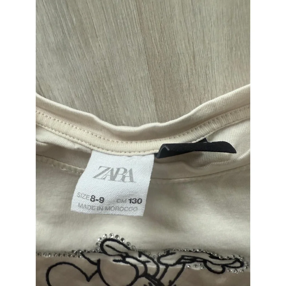 Zara T Shirt Girls 8-9 Off White Disney Minnie Mouse Embroidered Sparkle Tee